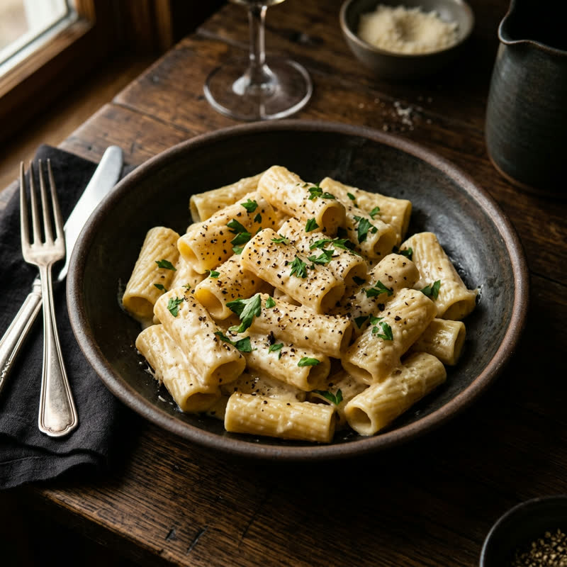 The Alfredo — handmade rigatoni, silky parmigiano cream, cracked black pepper, parsley