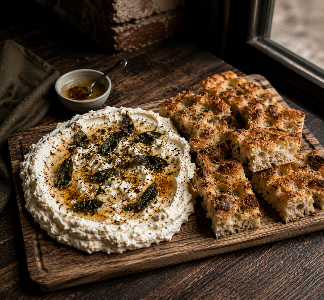 Brown Butter Whipped Ricotta — brown butter, whipped ricotta, sage, black pepper, warm focaccia