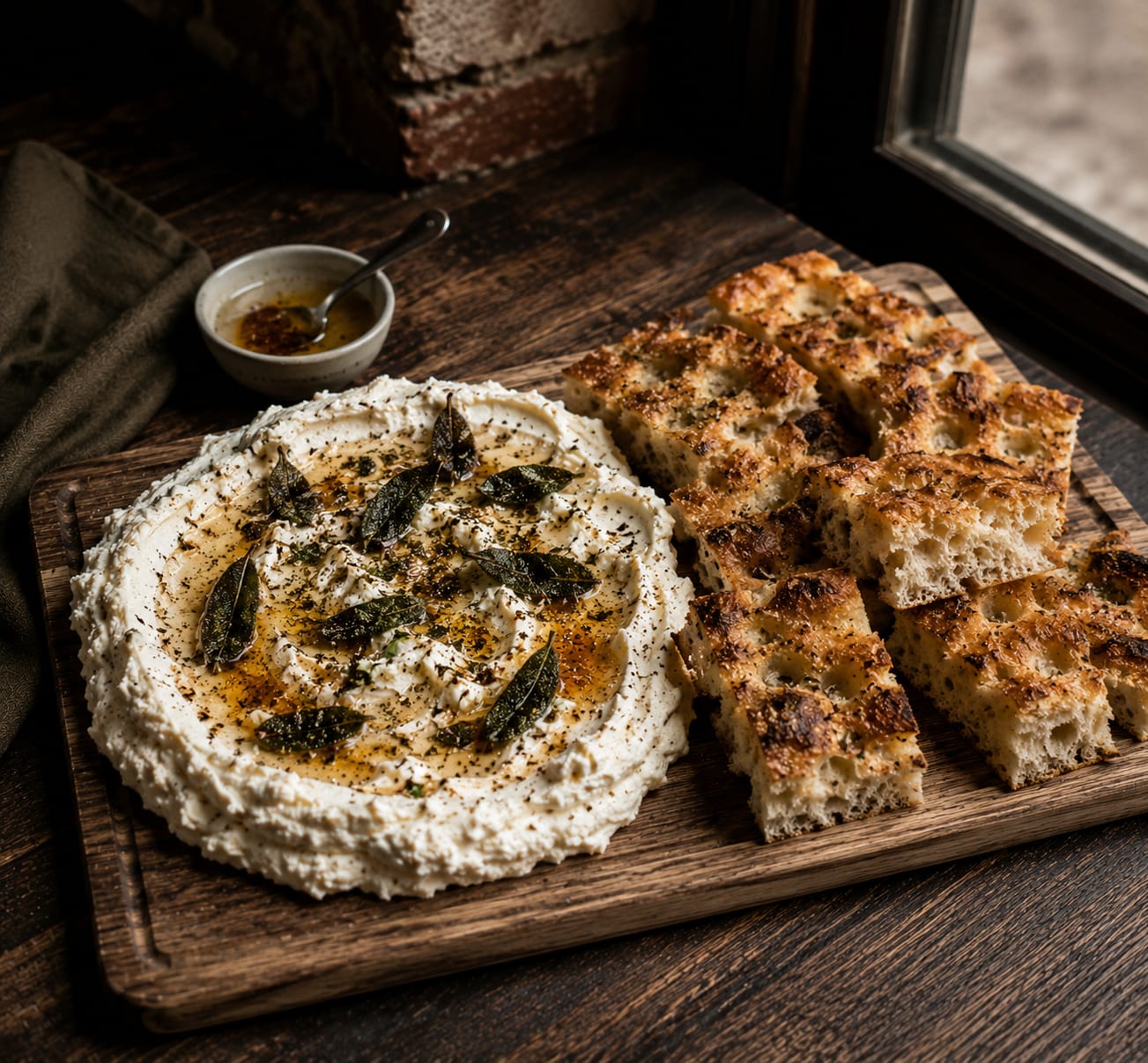 Brown Butter Whipped Ricotta — brown butter, whipped ricotta, sage, black pepper, warm focaccia