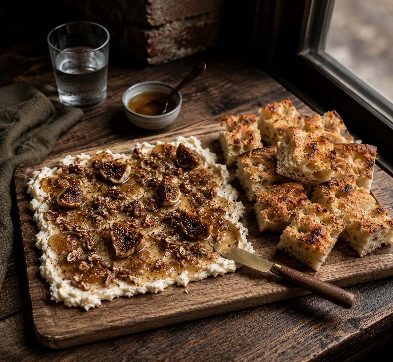 Cultured Butter Board — whipped cultured butter, fresh figs, rosemary, thyme, hot honey, flaky salt, warm focaccia