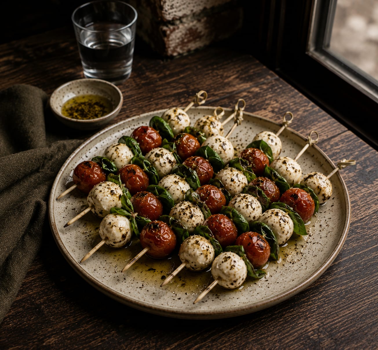 Marinated Mozzarella, Tomato & Basil Skewers — fresh mozzarella, cherry tomatoes, basil, herbs, olive oil