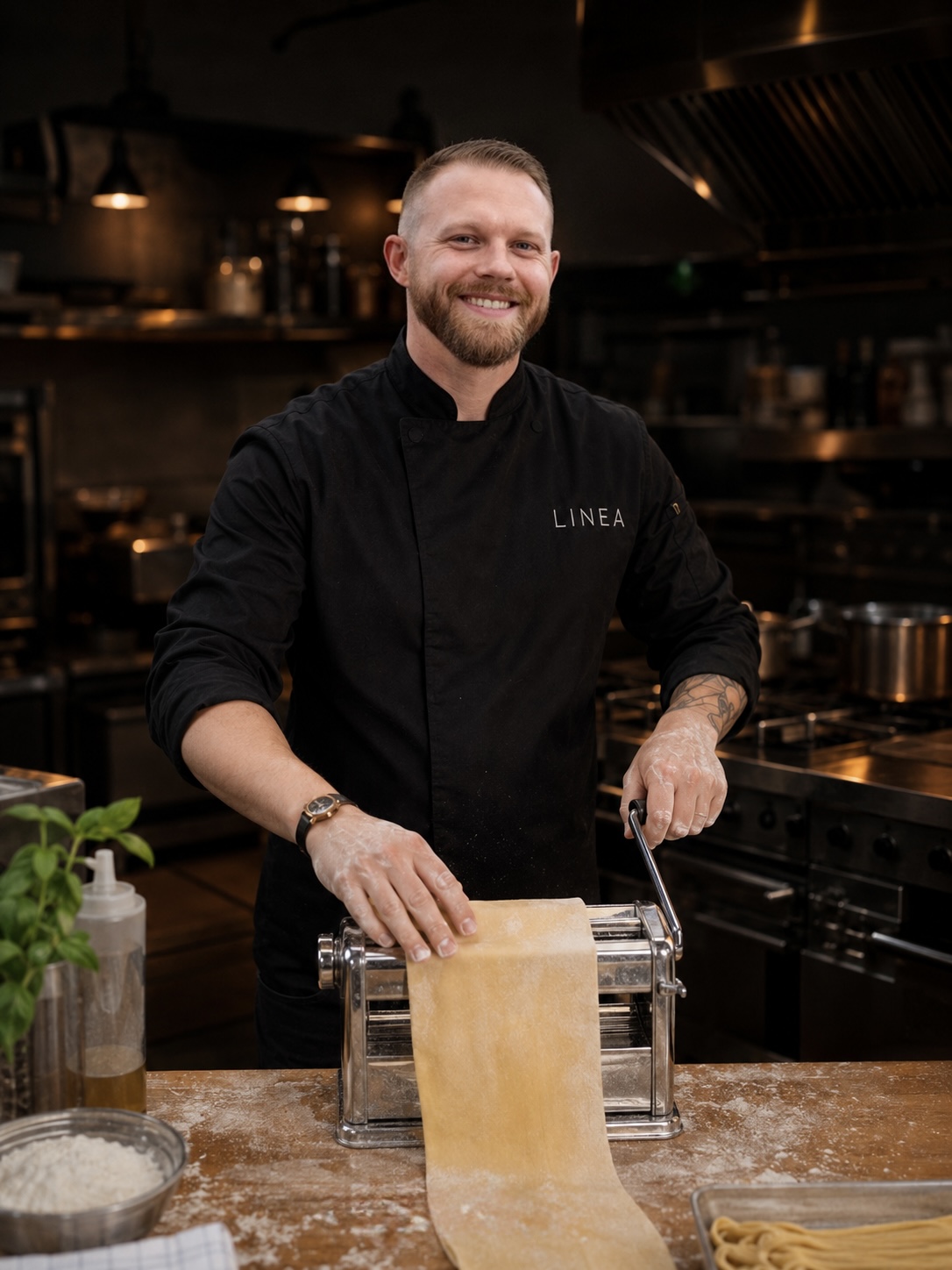 Chef Joshua Jones rolling fresh pasta in the Linea kitchen