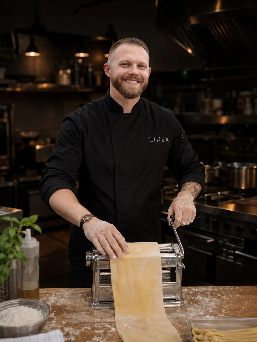 Chef Joshua Jones rolling fresh pasta in the Linea kitchen
