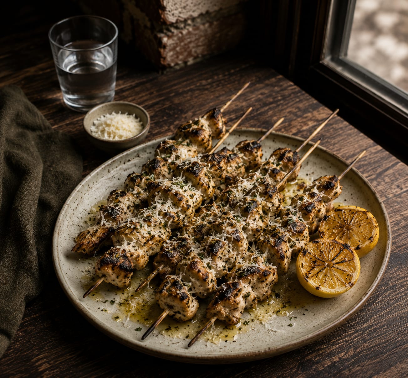 Charred Lemon Chicken Spiedini — herb grilled chicken skewers, parmesan, lemon oil