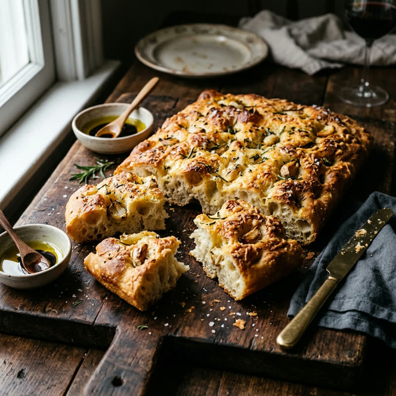 Roasted Garlic Parmesan Focaccia — house focaccia, garlic butter, parmigiano, herbs