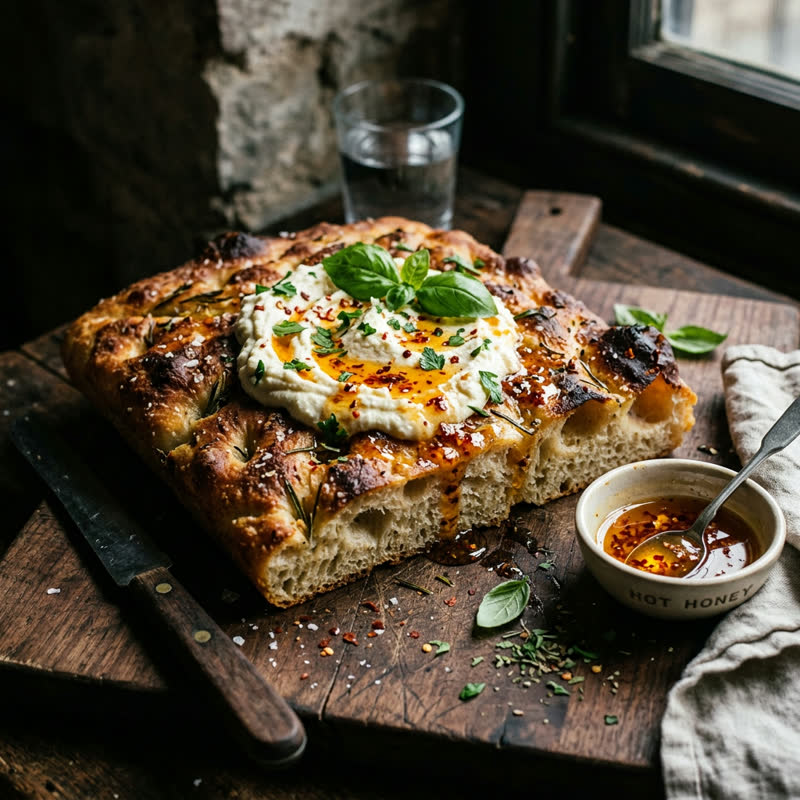 Whipped Ricotta & Hot Honey — house focaccia, whipped ricotta, chili honey, herbs