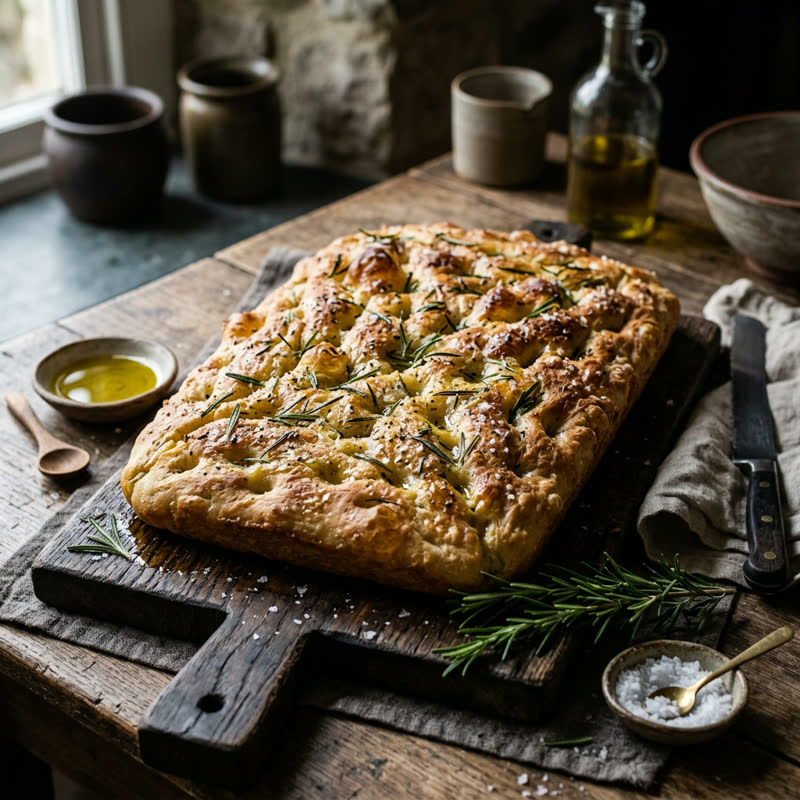 Sea Salt Rosemary Focaccia — house focaccia, olive oil, flaky salt, fresh rosemary