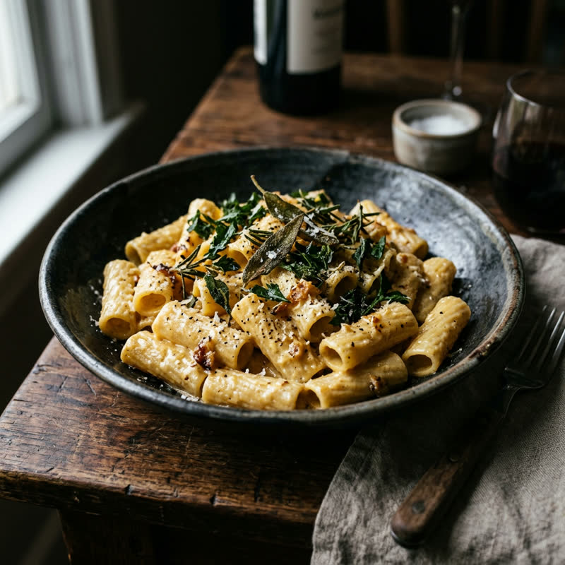 Roasted Garlic Parmesan — handmade rigatoni, roasted garlic cream, parmesan, crispy herbs