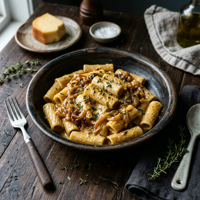 Smoked Gouda Cream — handmade rigatoni, smoked gouda cream, caramelized onion, thyme