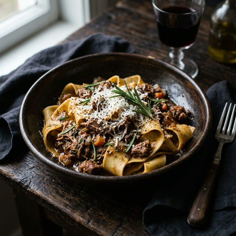 Lamb Ragu — handmade pappardelle, slow braised lamb, rosemary tomato sauce, pecorino