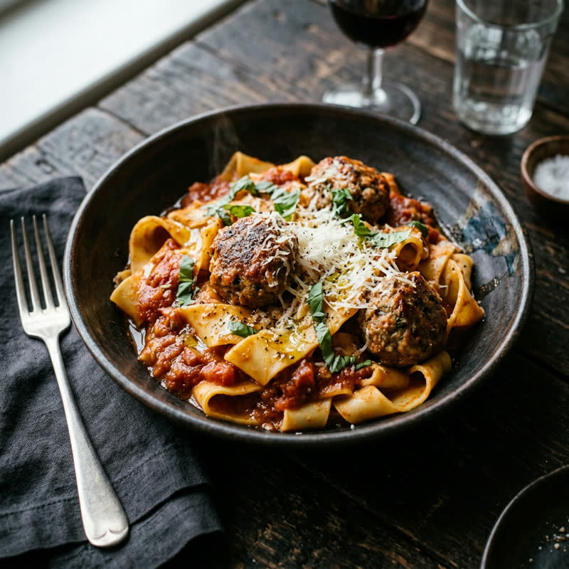 Meatball Pomodoro — handmade pappardelle, slow tomato sauce, house meatballs, basil, parmigiano