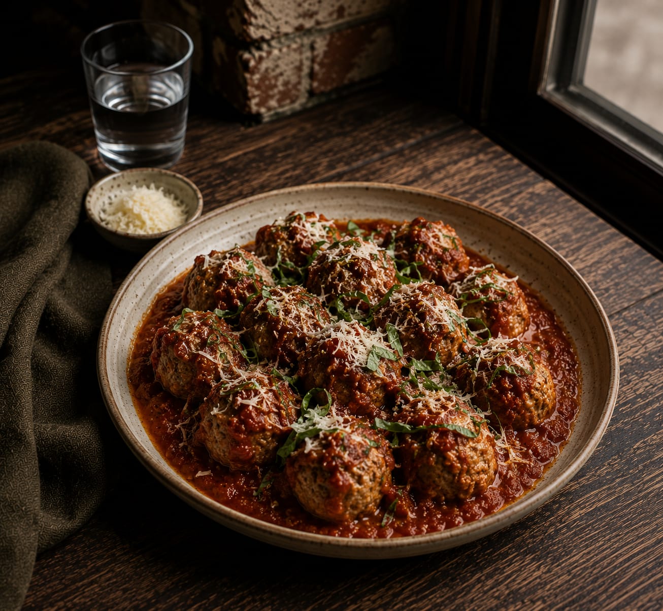 Parmesan Braised Meatballs — slow tomato sauce, basil, parmigiano
