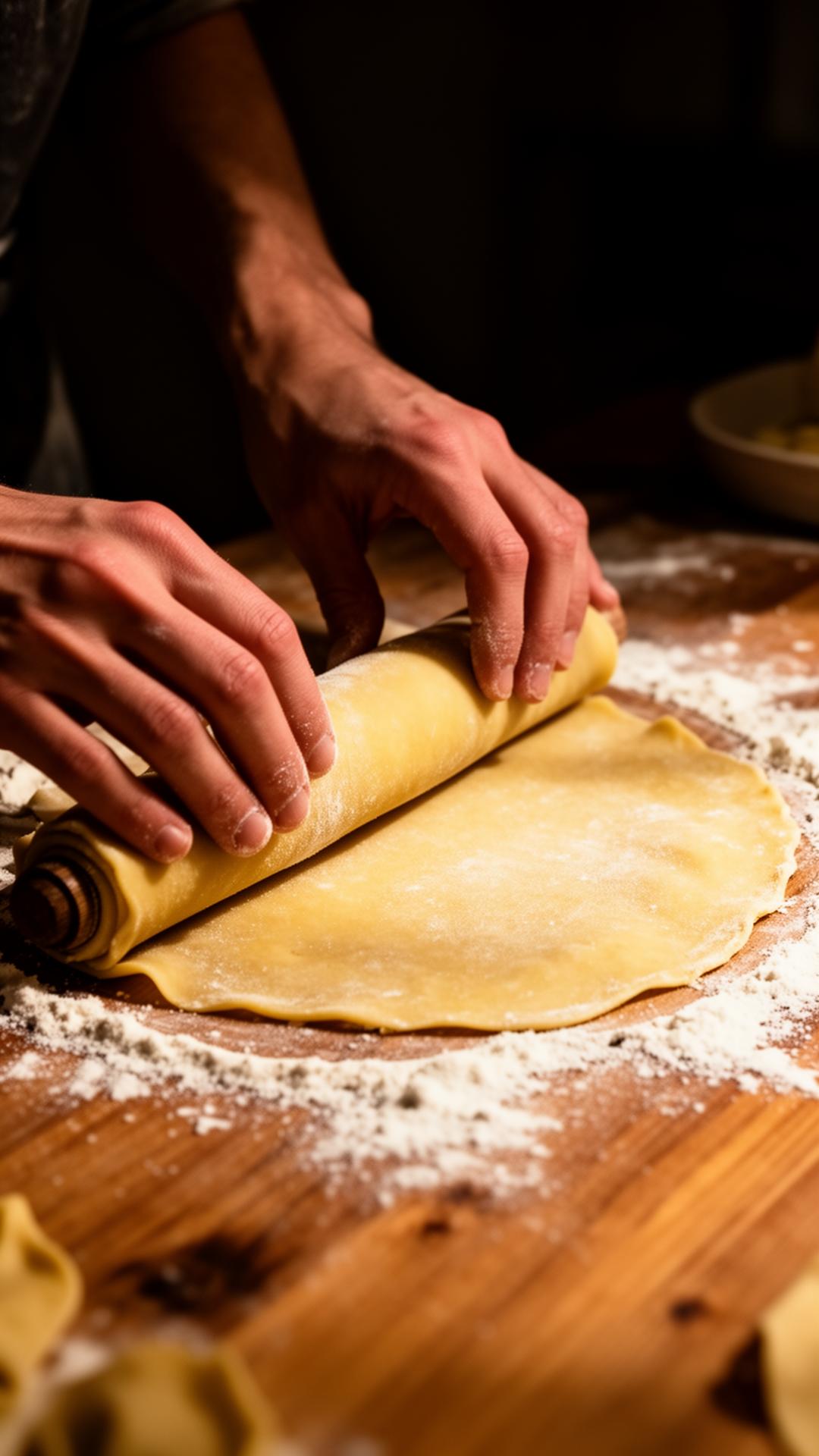 Hands rolling fresh handmade pasta dough