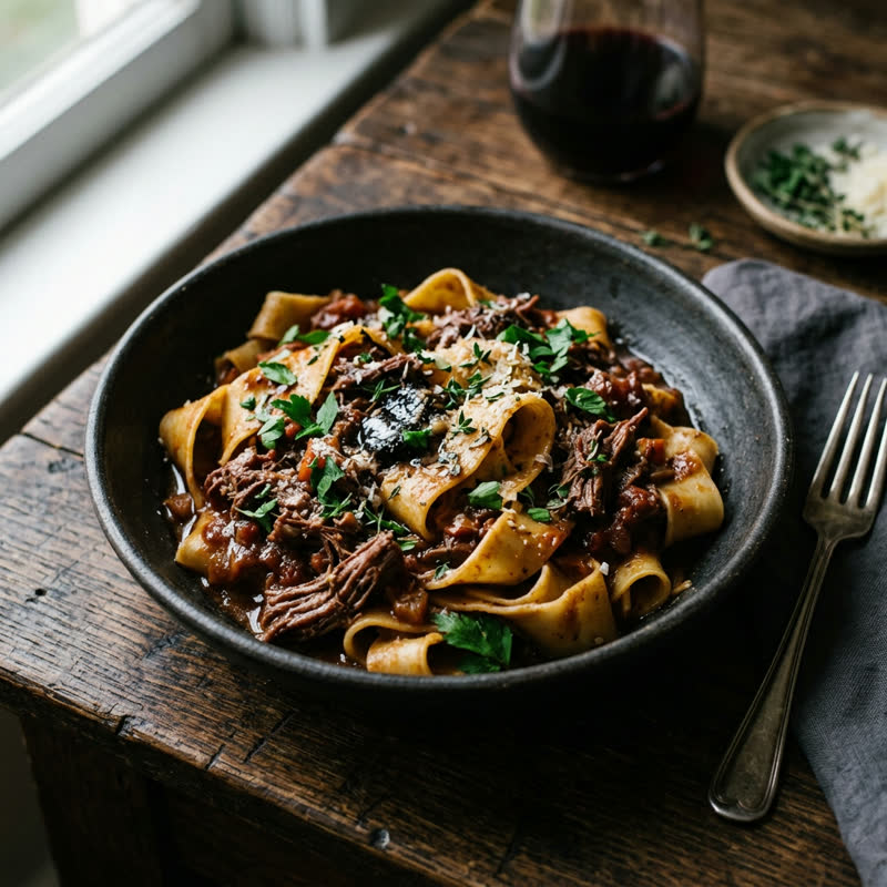 Braised Short Rib — handmade pappardelle, 30-hour red wine beef, black garlic butter, herbs
