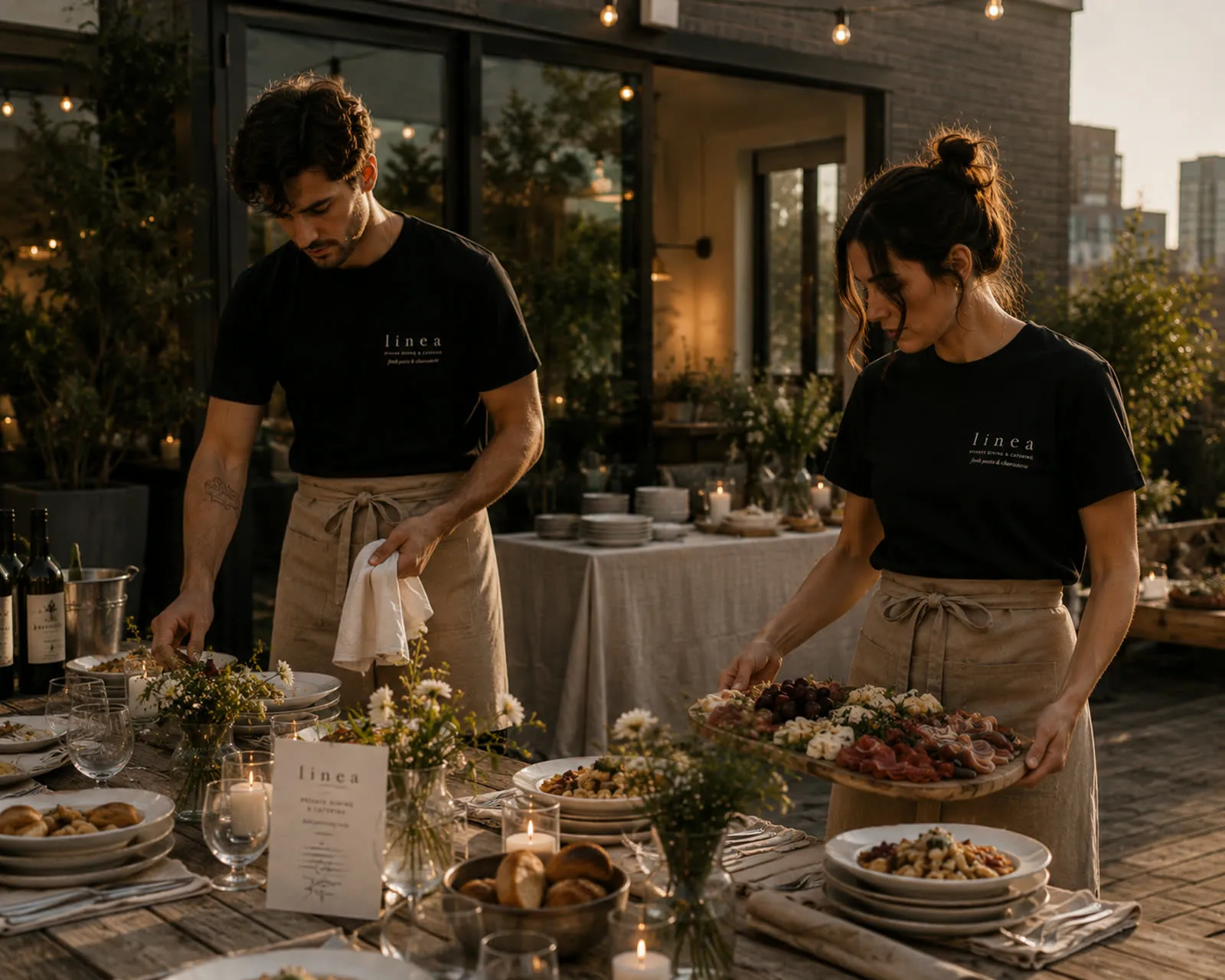 Chef Joshua and Amy plating a course tableside at a private Nashville dinner