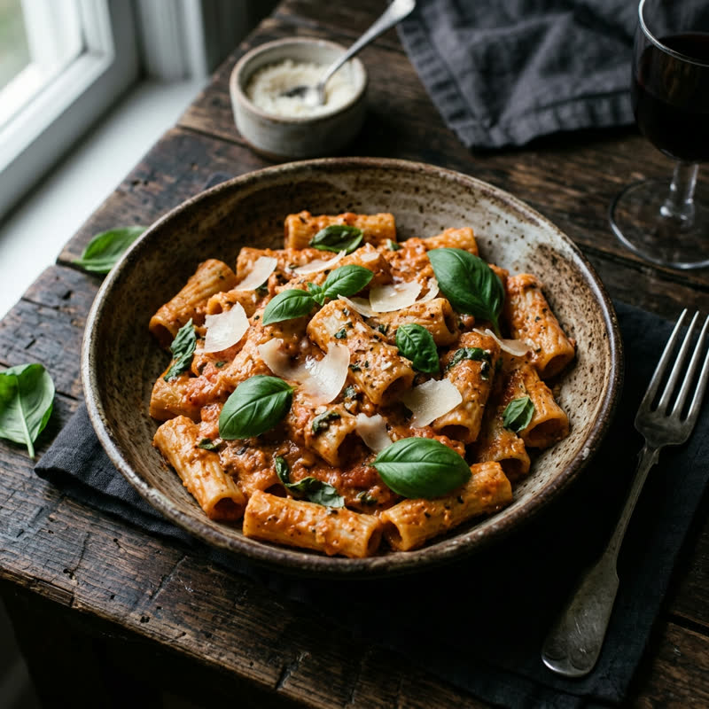 Creamy Tomato Basil — handmade rigatoni, slow simmered tomato cream sauce, basil, parmigiano