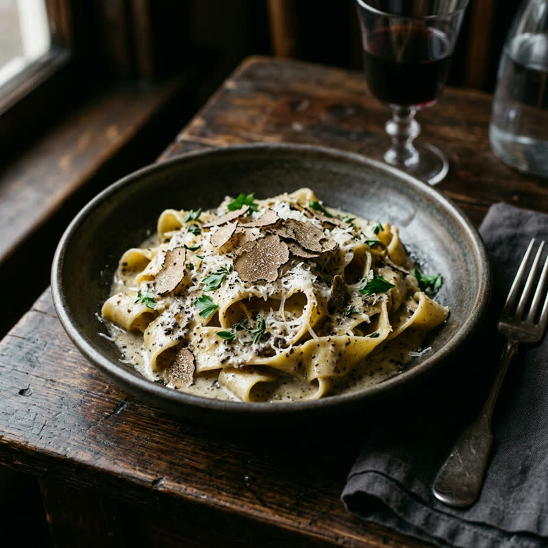 Truffle Butter Cream — handmade pappardelle, black truffle butter cream, parmigiano, herbs