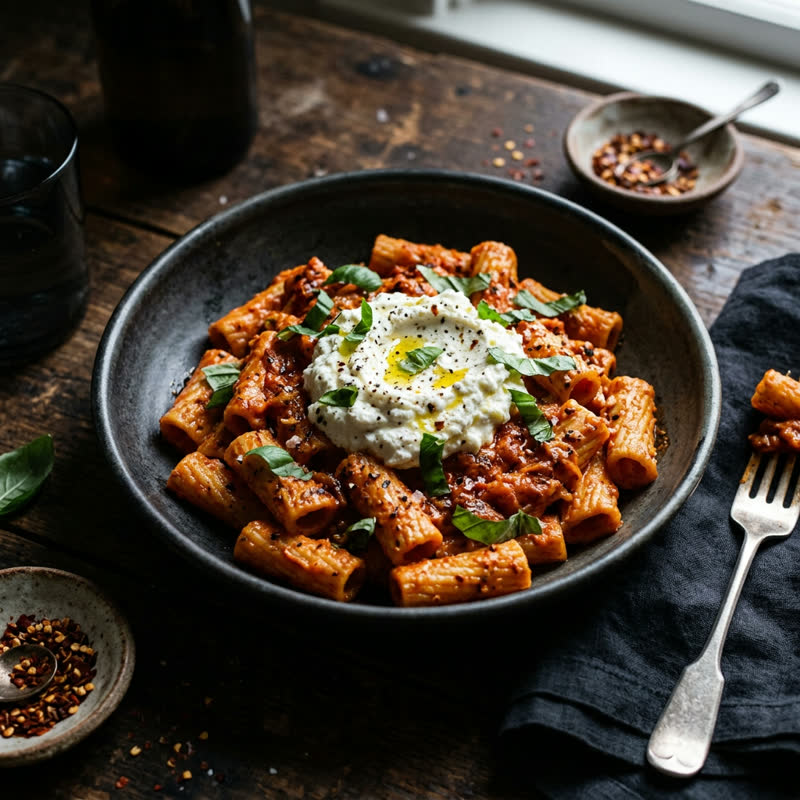 Spicy Vodka — handmade rigatoni, calabrian chili cream, whipped ricotta, basil